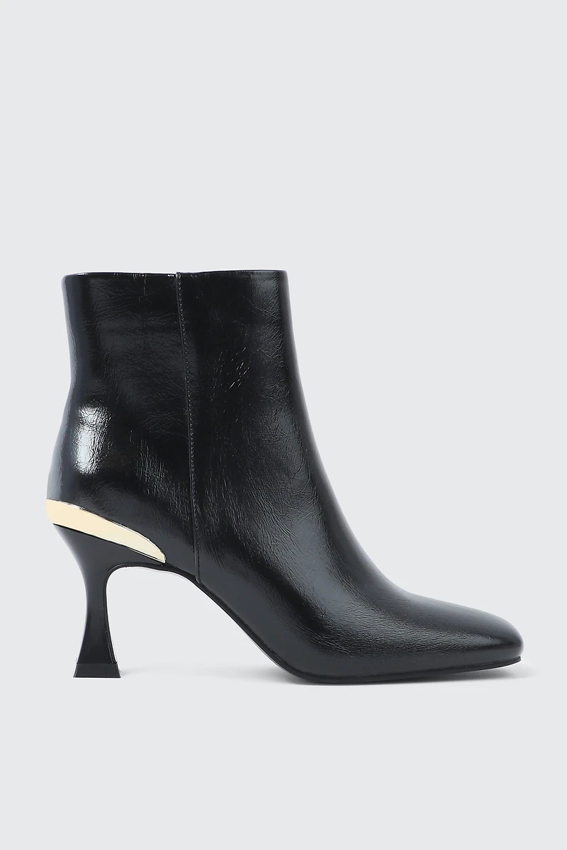Ardene Flare Heel Ankle Boots with Metallic Detail in Black | Size | Faux Leather