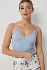 Ardene Seamless Ribbed Tank with Lace Detail in Light | Size | Elastane/Polyamide/Viscose | Eco-Conscious