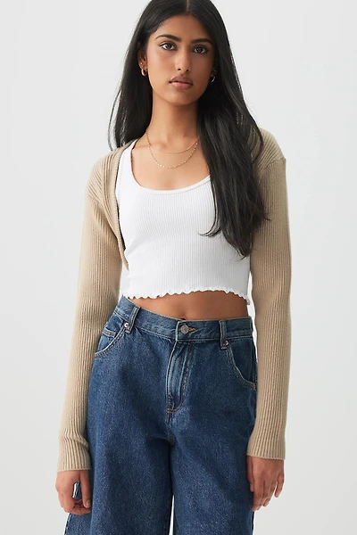 Ardene Ultra Crop Bolero in Beige | Size Small | Polyester/Nylon/Viscose