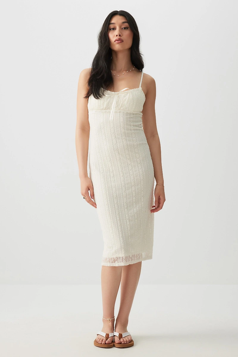 Ardene Lace Midi Dress with Ribbon Detail in White | Size | Nylon/Spandex