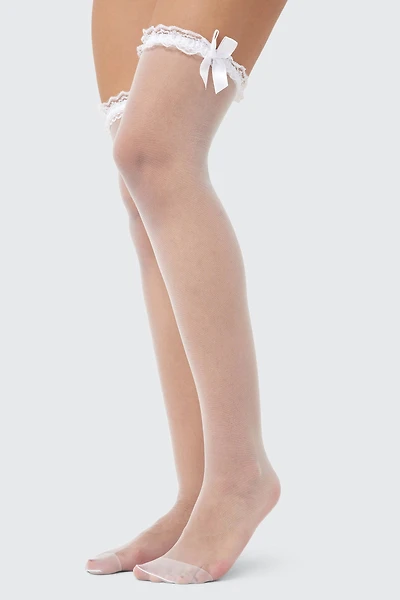 Ardene Sheer Over-the-Knee Socks with Bow in White | Nylon/Spandex