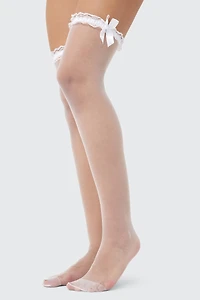 Ardene Sheer Over-the-Knee Socks with Bow in White | Nylon/Spandex