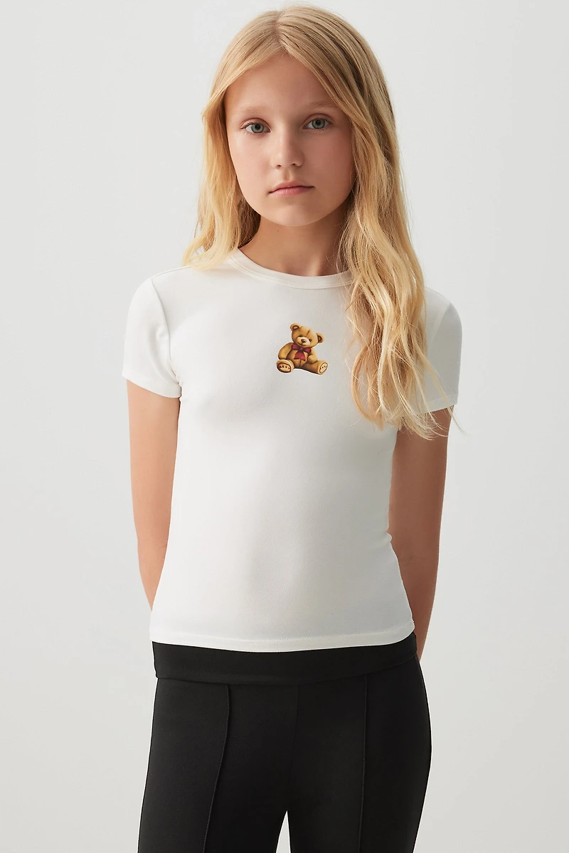 Ardene Kids Printed Crew Neck T-Shirt in White | Size | Polyester/Elastane