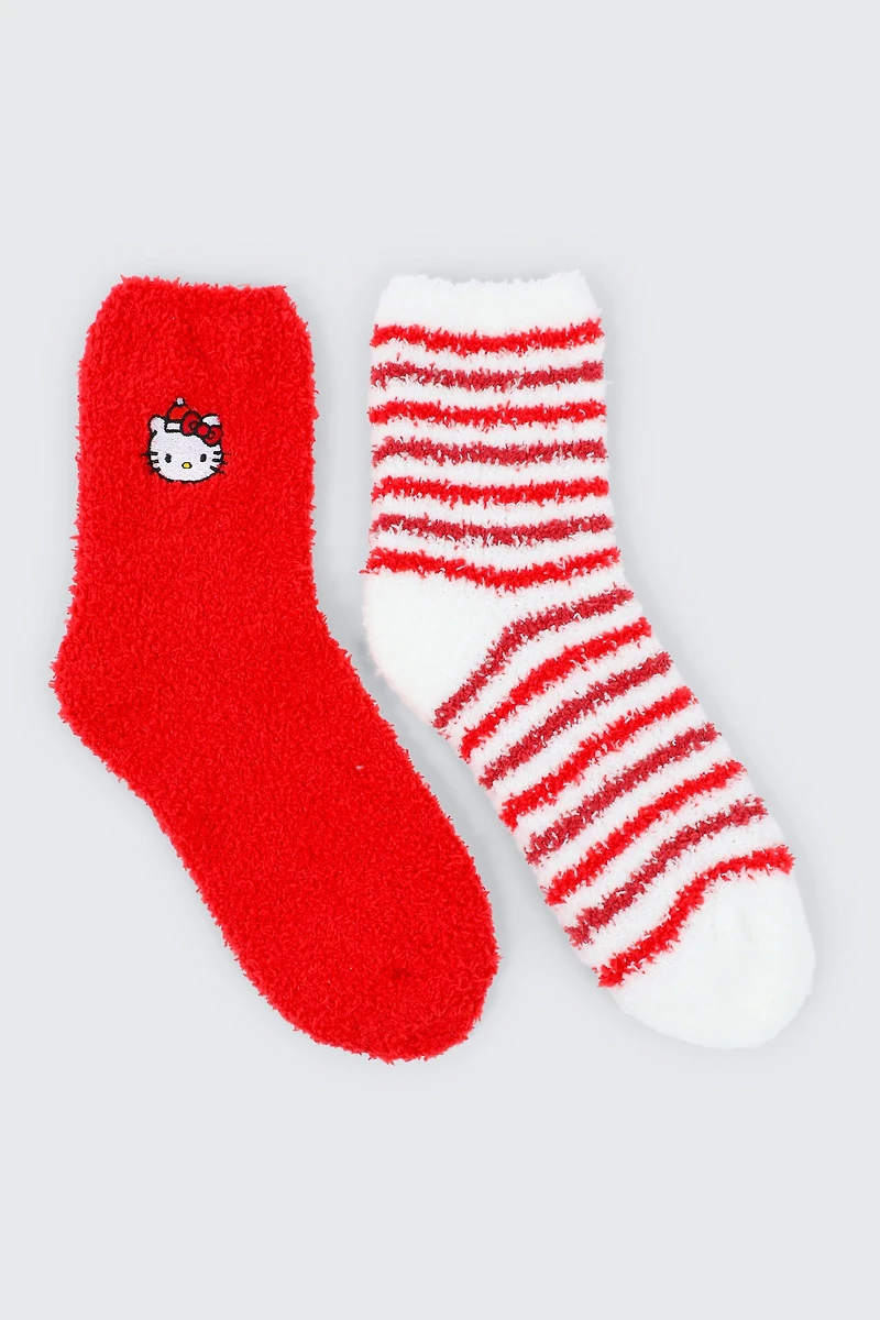 Ardene 2-Pack Hello Kitty Fuzzy Socks in Red | Polyester/Elastane