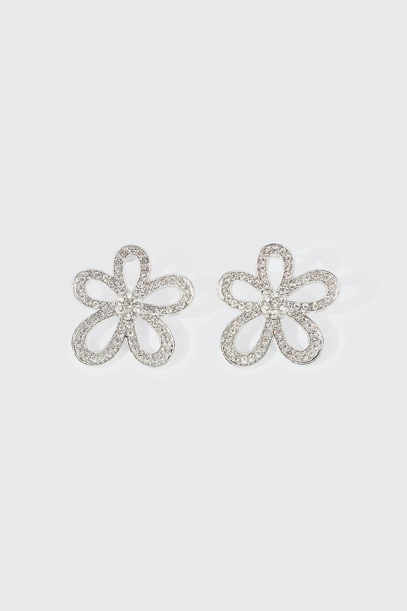 Ardene Embellished Flower Earrings in Silver | Stainless Steel
