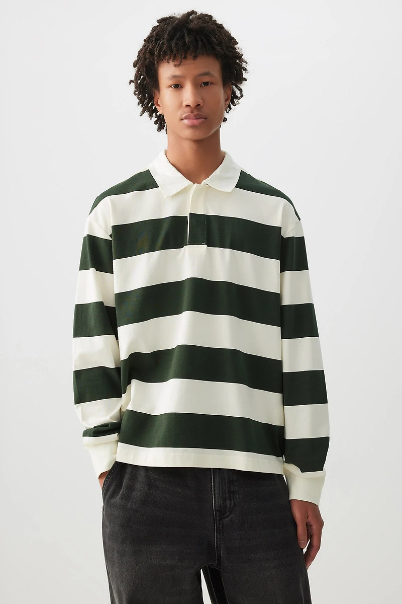 Ardene Man Striped Long Sleeve Polo Shirt For Men in Dark Green | Size | 100% Cotton