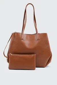 Ardene Large Faux Leather Tote Bag with Pouch in Cognac