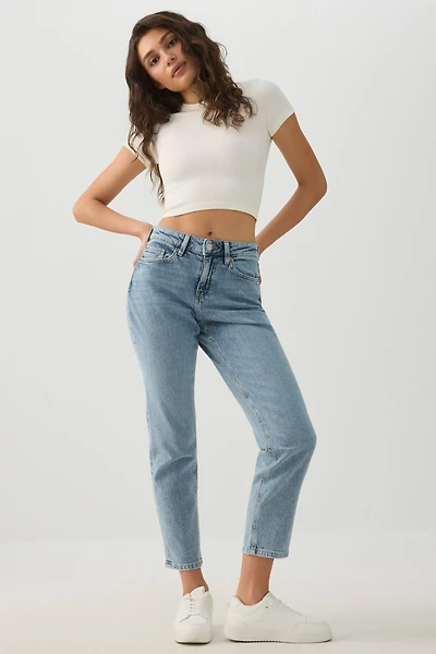 Ardene High Rise Slim Straight Jeans in Light Blue | Size | Cotton/Elastane