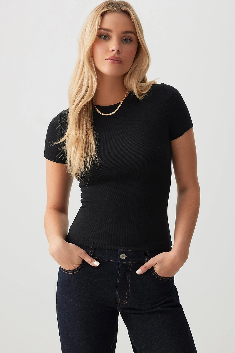 Ardene Short Fitted Crew Neck T-Shirt in | Size | Cotton/Elastane