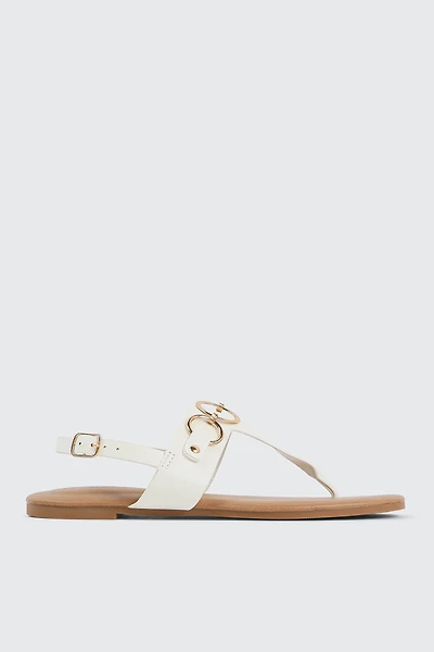 Ardene T-Strap Flat Sandals with Ring Details in White | Size | Faux Leather | Eco-Conscious