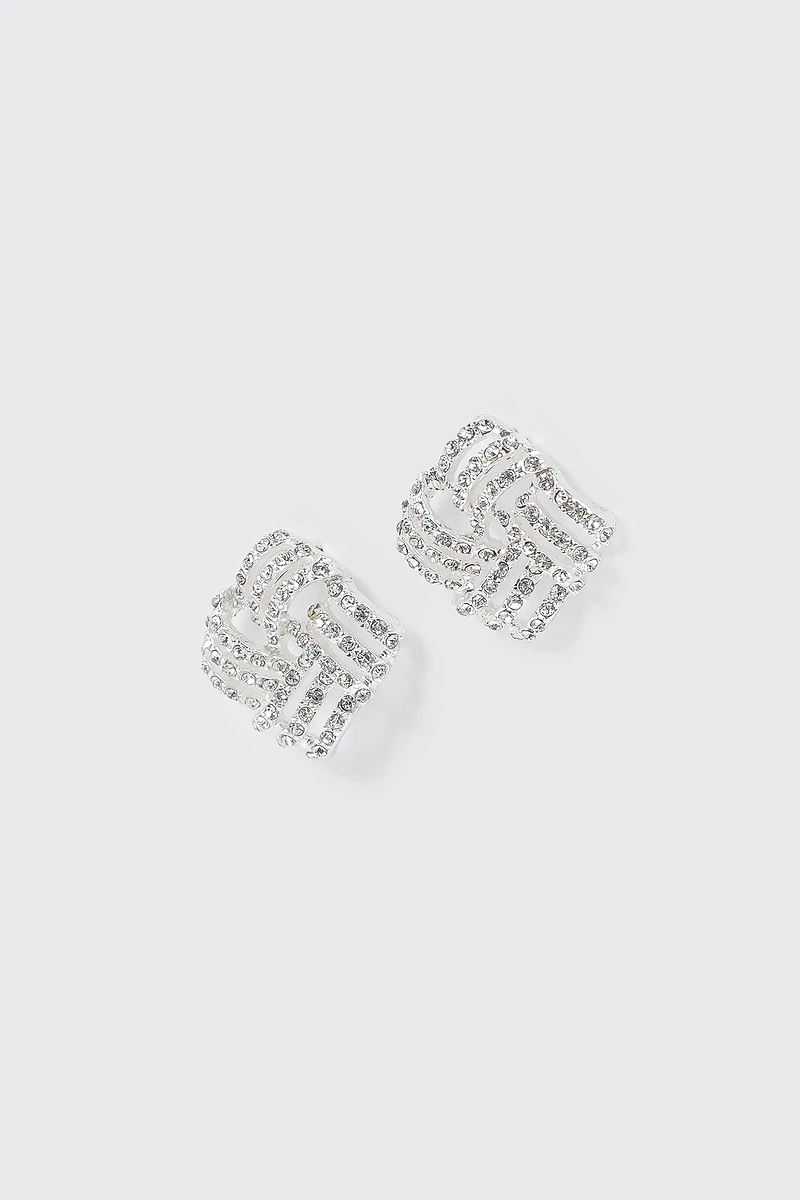 Ardene Rhinestone Square Earrings in Silver | Stainless Steel