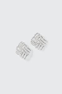 Ardene Rhinestone Square Earrings in Silver | Stainless Steel