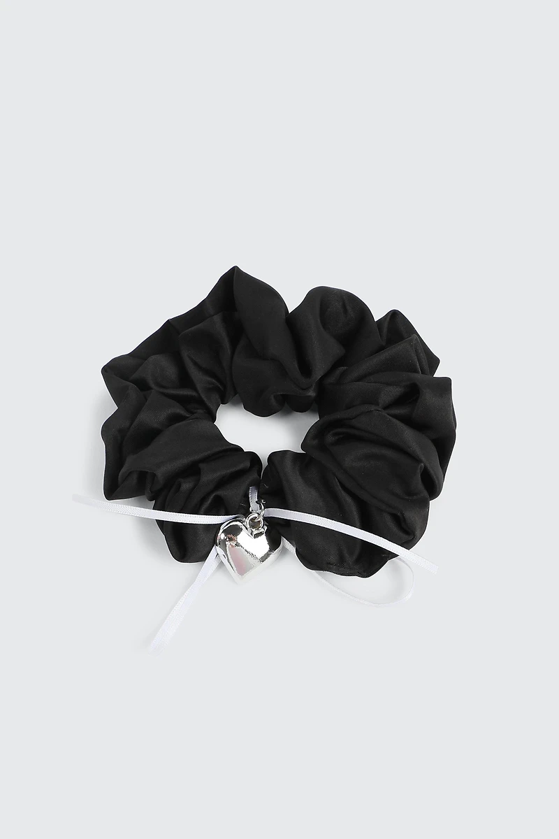 Ardene Satin Scrunchie with Heart Charm in Black