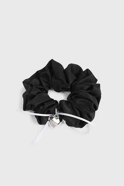 Ardene Satin Scrunchie with Heart Charm in Black