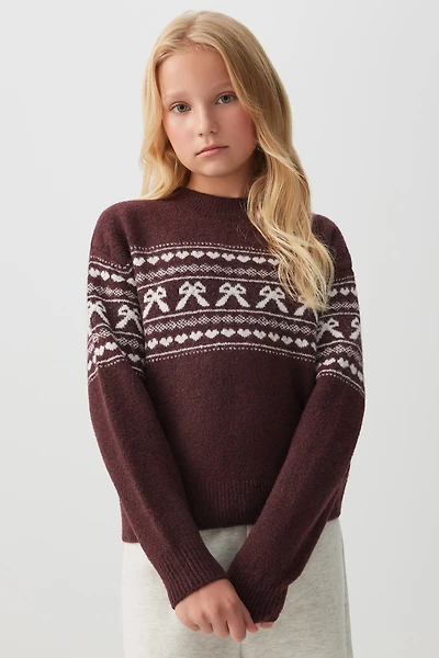 Ardene Kids Jacquard Crew Neck Sweater in Burgundy | Size | Polyester/Elastane