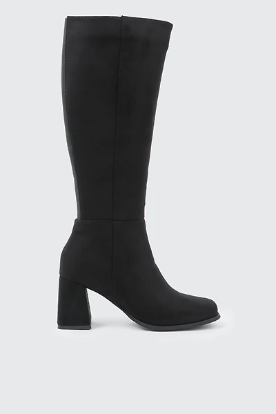 Ardene Flare Block Heel Knee High Boots in Black | Size | Faux Leather/Faux Suede | Eco-Conscious