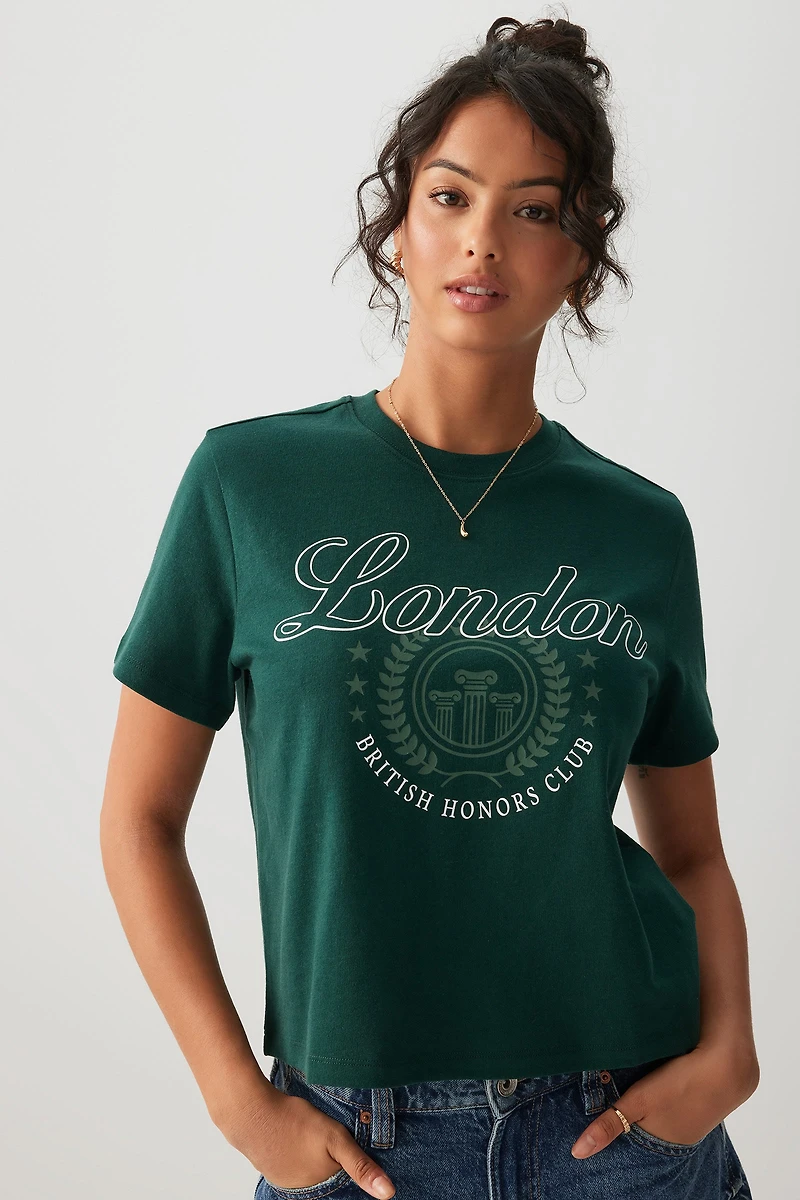 Ardene Short Graphic T-Shirt in Dark Green | Size | 100% Cotton