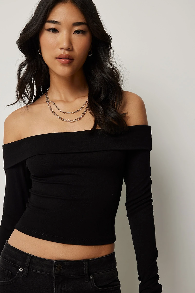 Ardene Ultra Crop Off Shoulder Long Sleeve Top in Black | Size | Elastane/Viscose