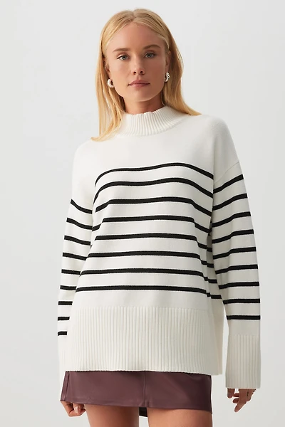 Ardene Striped Mock Neck Sweater in Off-White | Size | Polyester/Nylon/Viscose