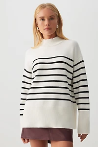 Ardene Striped Mock Neck Sweater in Off-White | Size | Polyester/Nylon/Viscose