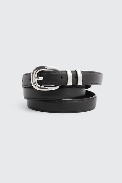 Ardene Silver Buckle Belt in Black | Size | Faux Leather
