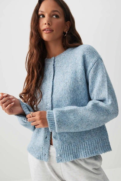 Ardene Fuzzy Knit Cardigan in Medium Blue | Size | Polyester