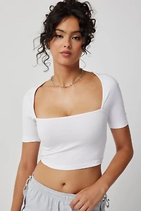 Ardene Crop Square Neck T-Shirt in White | Size Large | Cotton/Elastane