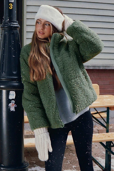 Ardene Sherpa Puffer Jacket in Medium Green | Size | Polyester