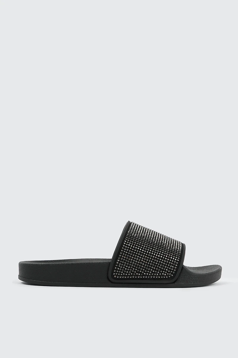 Ardene Rhinestone Slides in Black | Size