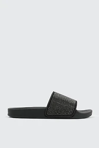 Ardene Rhinestone Slides in Black | Size