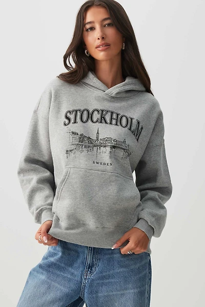 Ardene Printed Oversized Hoodie in Grey | Size | Polyester/Cotton | Fleece-Lined