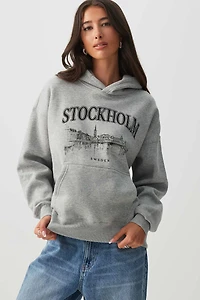 Ardene Printed Oversized Hoodie in Grey | Size | Polyester/Cotton | Fleece-Lined