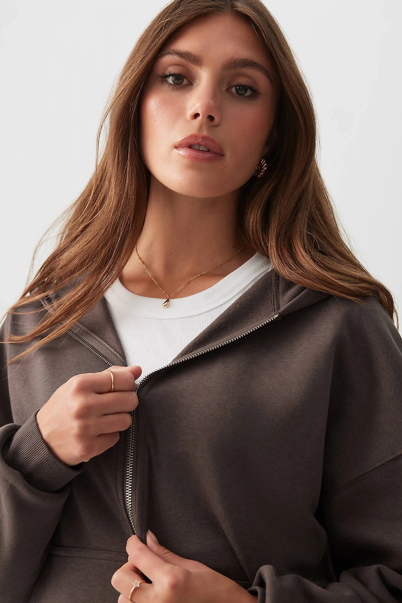 Ardene Oversized Zip Up Graphic Hoodie in Brown | Size Large | Polyester/Cotton | Fleece-Lined