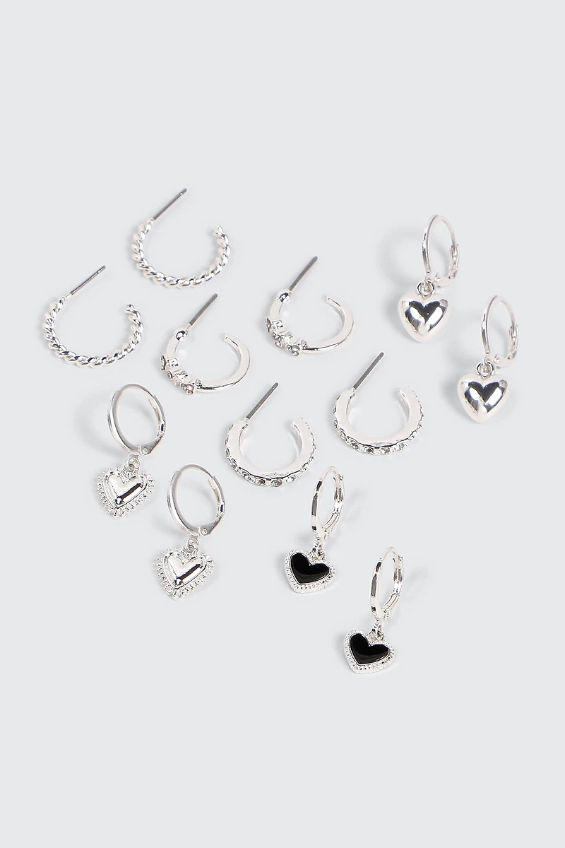 Ardene 6-Pack Heart Charm Hoop Earrings in Silver | Stainless Steel