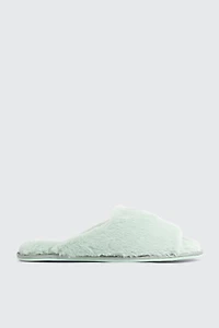 Ardene Faux Fur Slippers in Light Green | Size