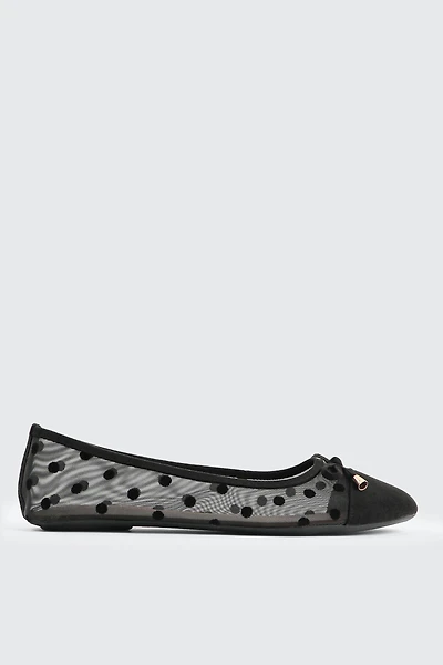 Ardene Polka Dot Mesh Ballet Flats in Black | Size 9 | Faux Leather