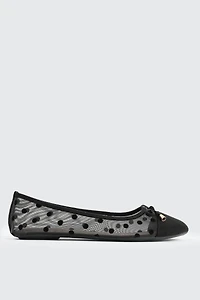 Ardene Polka Dot Mesh Ballet Flats in Black | Size 9 | Faux Leather