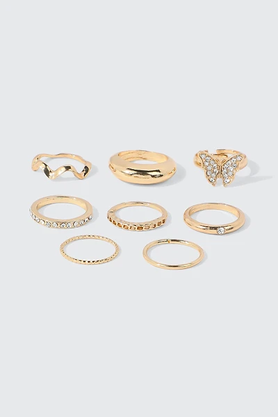 Ardene 8-Pack Butterfly & Crystal Rings in Gold | Size