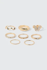 Ardene 8-Pack Butterfly & Crystal Rings in Gold | Size
