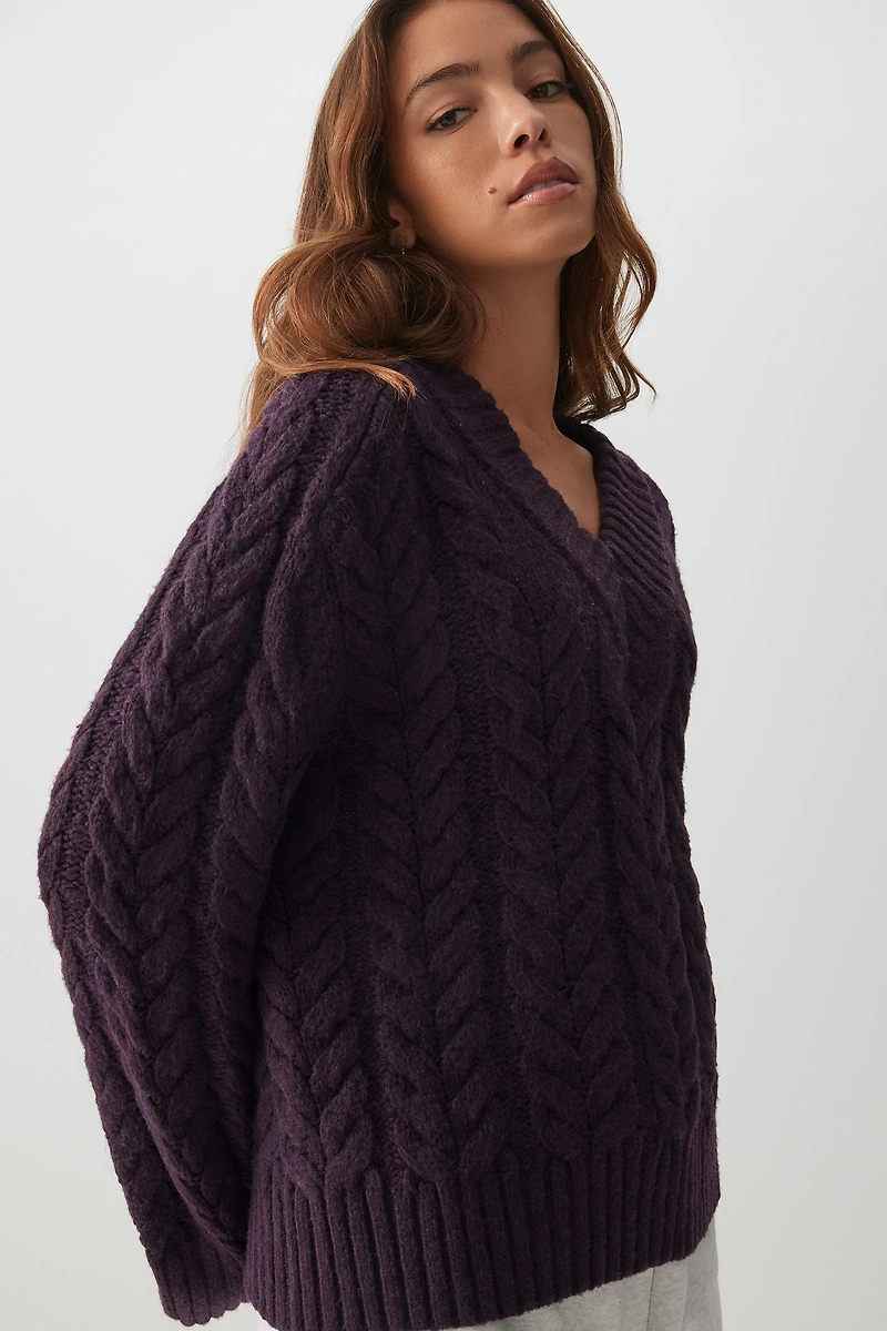 Ardene Cable Knit V-Neck Sweater in Dark Purple | Size | Polyester | Eco-Conscious