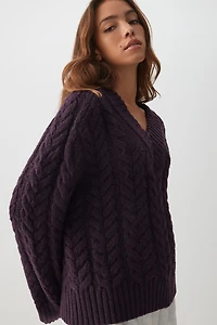 Ardene Cable Knit V-Neck Sweater in Dark Purple | Size | Polyester | Eco-Conscious