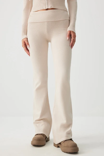 Ardene Fold Over Flare Leg Pants in Beige | Size | Polyester/Nylon/Viscose