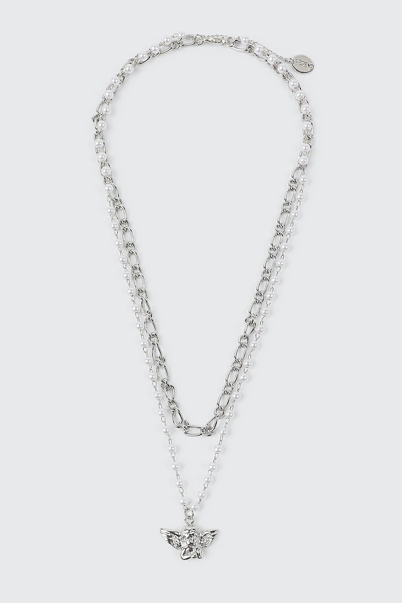 Ardene Two-Row Necklace with Angel Pendant in Silver