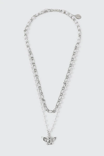 Ardene Two-Row Necklace with Angel Pendant in Silver