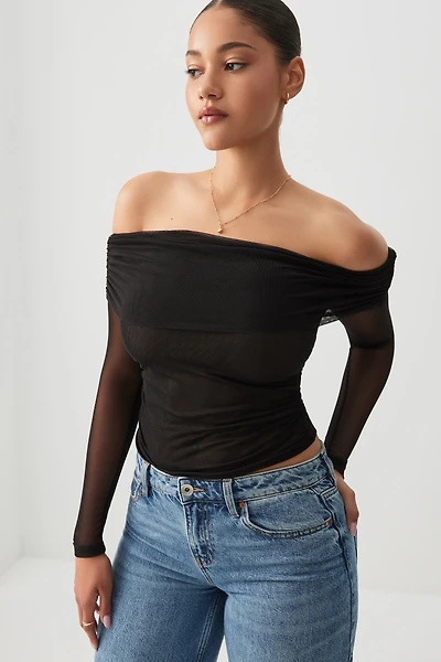 Ardene Off Shoulder Mesh Top in Black | Size | Polyester/Spandex