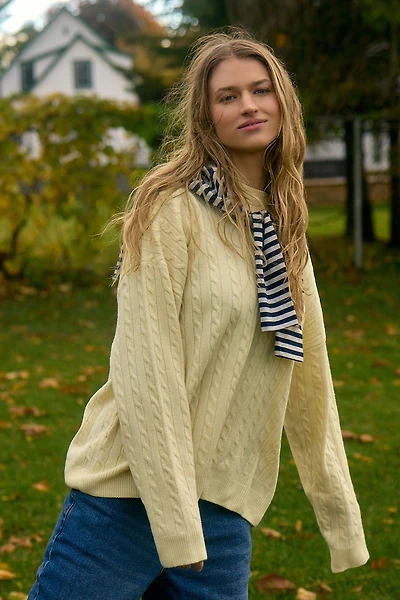 Ardene Long Cable Knit Crew Neck Sweater in Light Yellow | Size | Polyester/Nylon