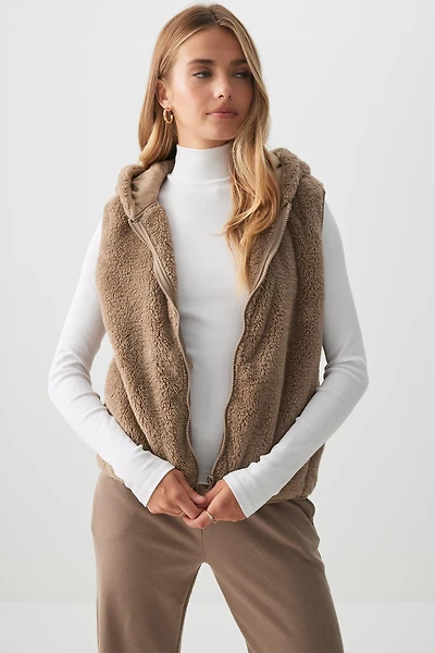 Ardene Hooded Sherpa Vest in Beige | Size | Polyester