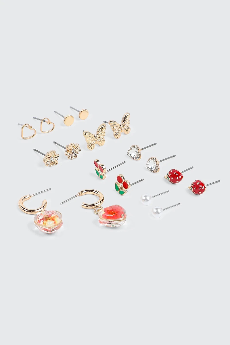 Ardene 9-Pack Cherry & Strawberry Earrings in Gold | Stainless Steel