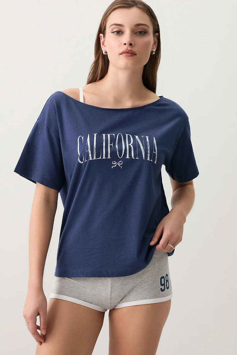 Ardene Off Shoulder Graphic PJ Top in Dark Blue | Size | Cotton/Viscose | Eco-Conscious