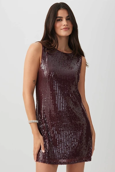 Ardene Sequin Mini Dress in Burgundy | Size | Polyester/Elastane/Viscose